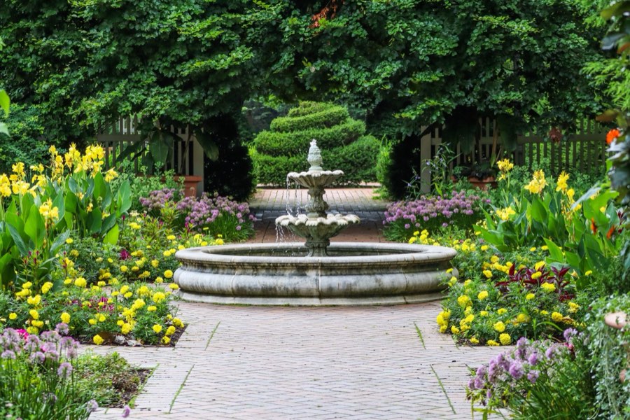 Garden with fountain and flower beds